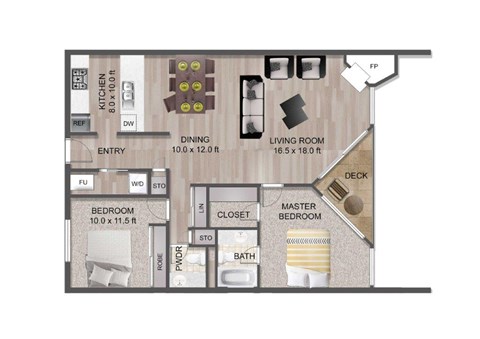 Floor plan for 2 beds, 1.5 baths, 1200 sqft